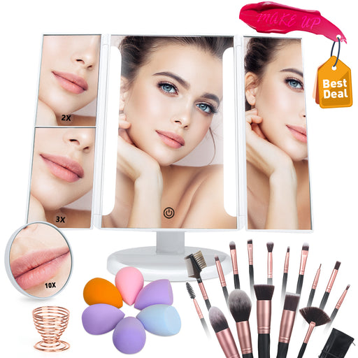 Adjustable Tri-Fold Vanity Mirror and 16 Piece Professional MakeUp Brush and 4 Make Up Sponges Set with Stands